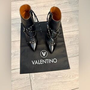 Valentino Garavani Black Patent Leather Harness Ankle Boots | Studded Strap